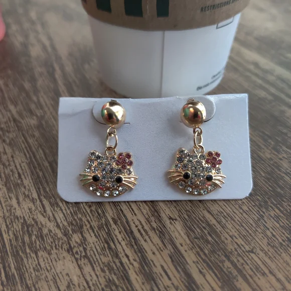 Gold Cat Face Earrings with Rhinestones - Picture 2 of 3